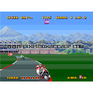 Pixelbox Arcade - Riding Hero (1990), a Driving / Race (chase view) Bike game by SNK