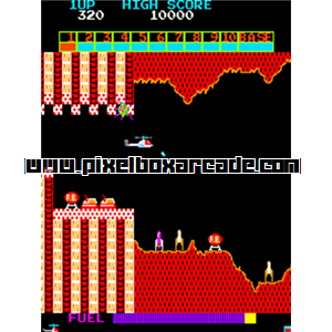 Pixelbox Arcade - Super Cobra (1981), a Shooter / Flying Horizontal game by Konami